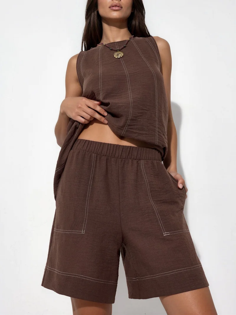 Hiccup Chestnut Brown Stitch Detail Relax Fit Co-ord Set for Women | Best Price UAE