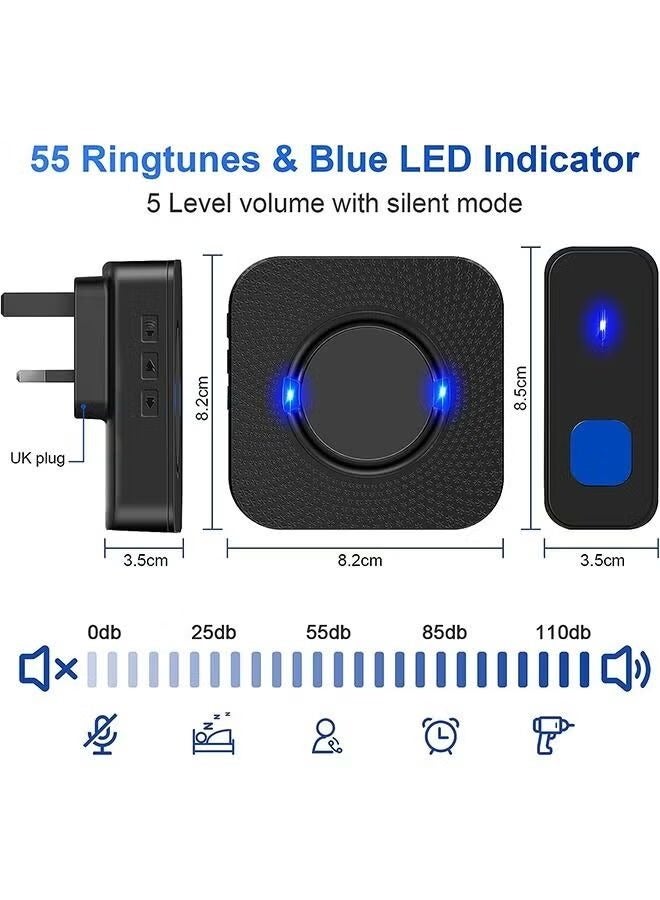 جرس باب لاسلكي، مجموعة جرس الباب اللاسلكي اي اوشن مقاومة للماء مع نغمات رنين، بنطاق ارسال حتى 300 قدم، 55 نغمة رنين، 5 مستويات لقوة الصوت مع ضوء ليد وماض، جرس باب لاسلكي للمنزل - Image 3