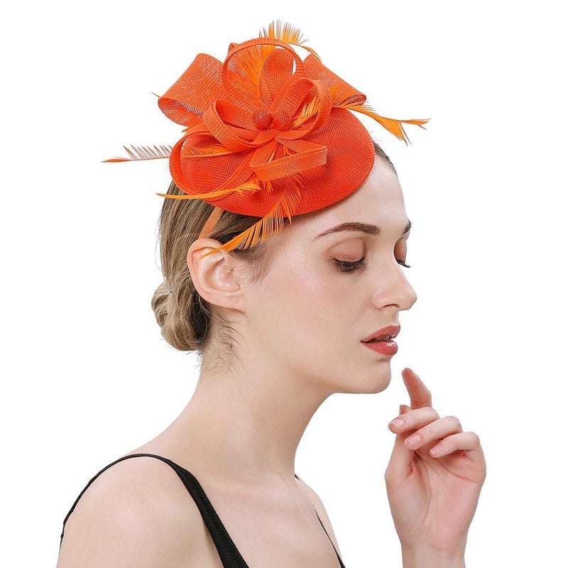 BUYITNOW Charming Feather Fascinators Headband Netting Mesh Hair Band for Wedding Cocktail Hat Party Derby Royal Banquet Orange - Image 1