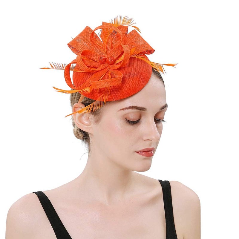 BUYITNOW Charming Feather Fascinators Headband Netting Mesh Hair Band for Wedding Cocktail Hat Party Derby Royal Banquet Orange - Image 4