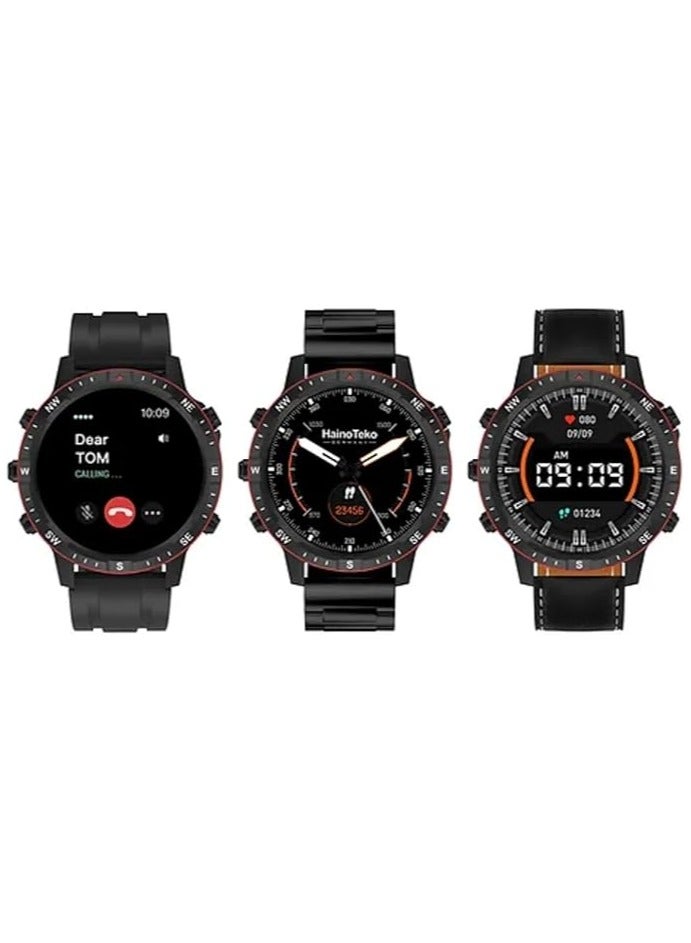 هينو تيكو ساعة ذكية RW49 ذات شكل دائري وشاشة AMOLED مع حزام ثلاثي وشاحن لاسلكي للرجال والأولاد، باللون الأسود - Image 4