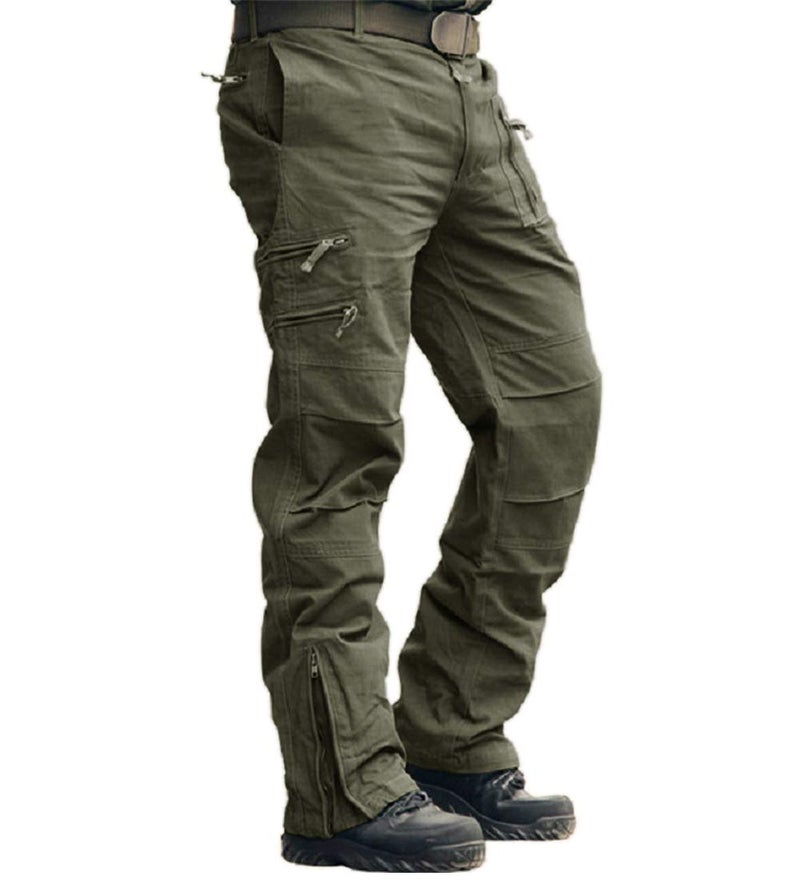CRYSULLY Men Pants Fall Relaxed-fit Cotton Woodland Army Cargo Trousers Utility Combat Work Pants Green 36