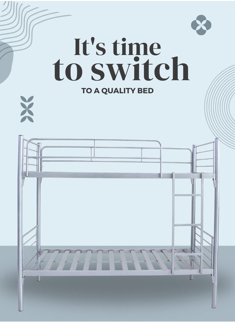 Heavy-Duty Metal Bunk Bed for Home and Labor Camps – Sturdy Steel Frame with Safety Guardrails, Ladder, and Space-Saving Design in Sleek Silver Finish 32 kg (Arfan)