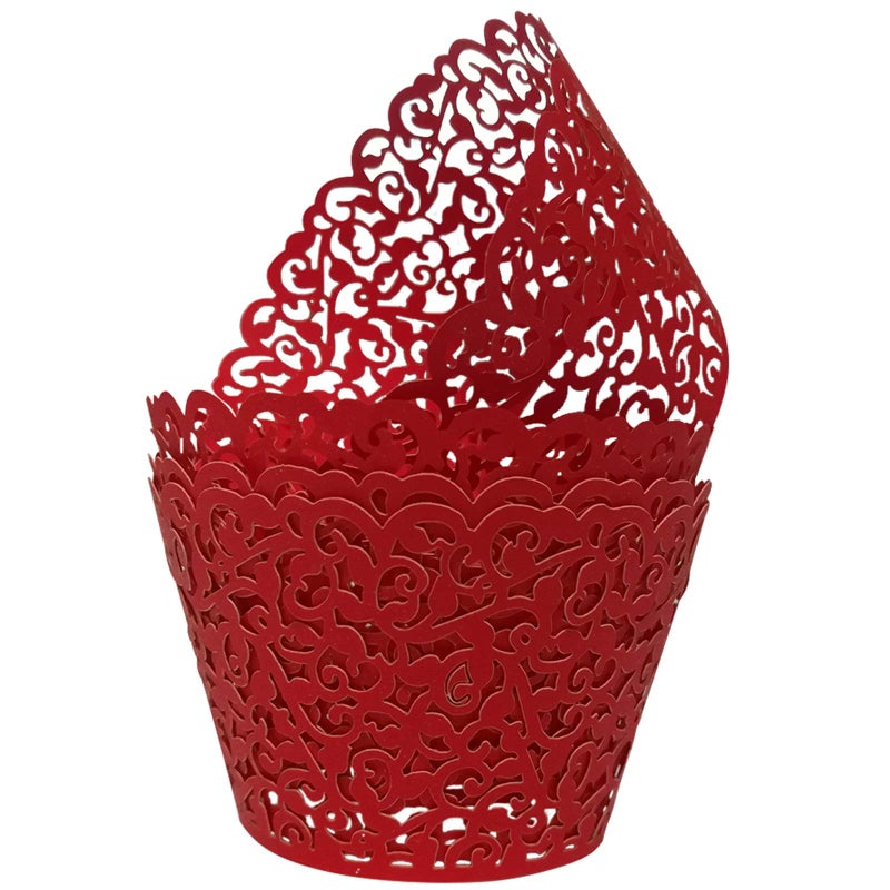 Golf GOLF 100Pcs Christmas Cupcake Wrappers Artistic Bake Cake Paper Filigree Little Vine Lace Laser Cut Liner Baking Cup Wraps Muffin CaseTrays for Wedding Party Birthday Decoration Red