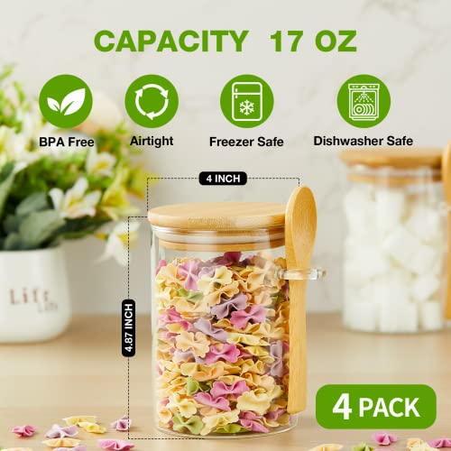 Mfacoy Set of 4 Airtight Glass Jars with Bamboo Lids & Spoons, 17 oz Borosilicate Overnight Oats Containers with Lids, Clear Food Storage Canister for Cookie, Candy, Coffee, Sugar, Matcha Tea, Flour - Image 4