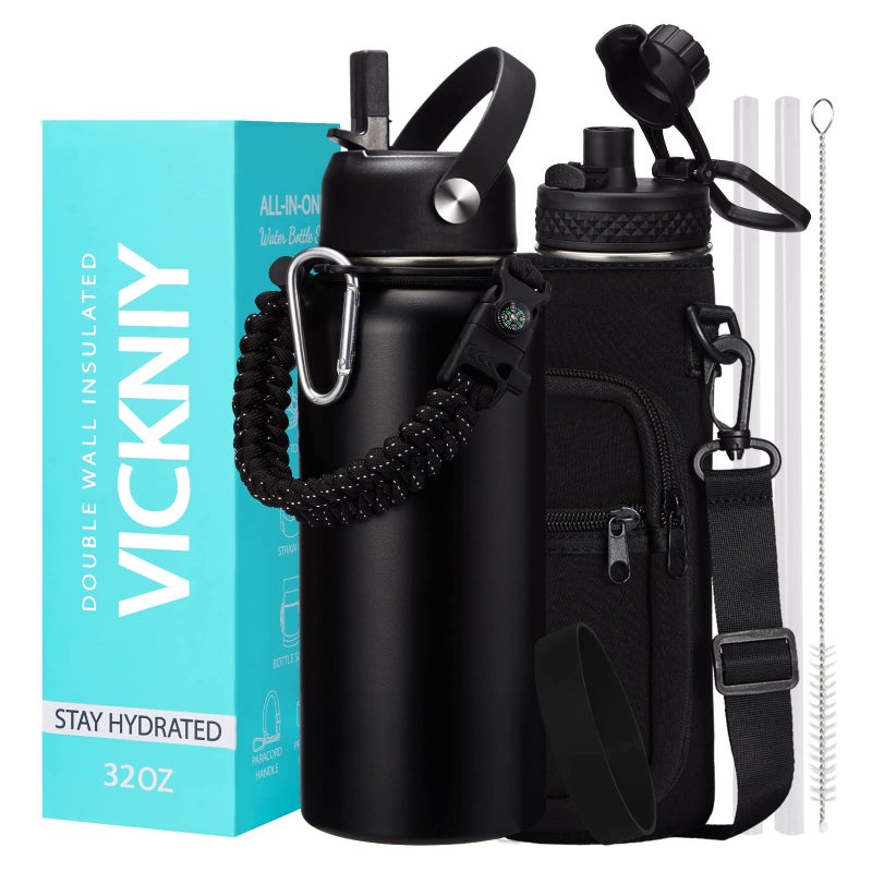 VICKNIY 32oz Insulated Water Bottles - with Straw Spout Lid  Bottle Holder Strap Sleeve  Survival Paracord Handle  Protective Cup Mat  Sweat-Proof Water Bottle  Metal Thermo Flask for Sports Workout