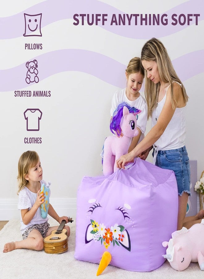 Aubliss Unicorn Stuffed Animal Storage Bean Bag Chair for Kids, Velvet Extra Soft Beanbag Chairs Cover, X-Large Stuffable Zipper Bean Bag for Organizing Plush Toys Girls Bedroom Decor, Purple Floral - Image 4