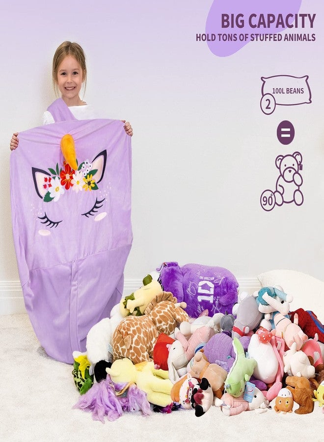 Aubliss Unicorn Stuffed Animal Storage Bean Bag Chair for Kids, Velvet Extra Soft Beanbag Chairs Cover, X-Large Stuffable Zipper Bean Bag for Organizing Plush Toys Girls Bedroom Decor, Purple Floral - Image 3