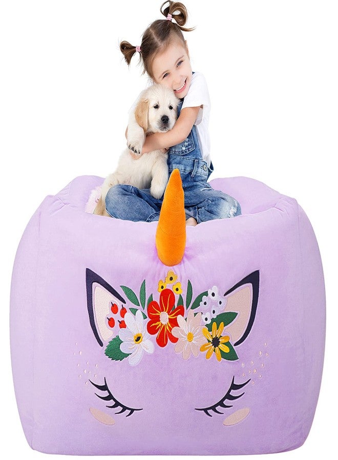 Aubliss Unicorn Stuffed Animal Storage Bean Bag Chair for Kids, Velvet Extra Soft Beanbag Chairs Cover, X-Large Stuffable Zipper Bean Bag for Organizing Plush Toys Girls Bedroom Decor, Purple Floral - Image 1
