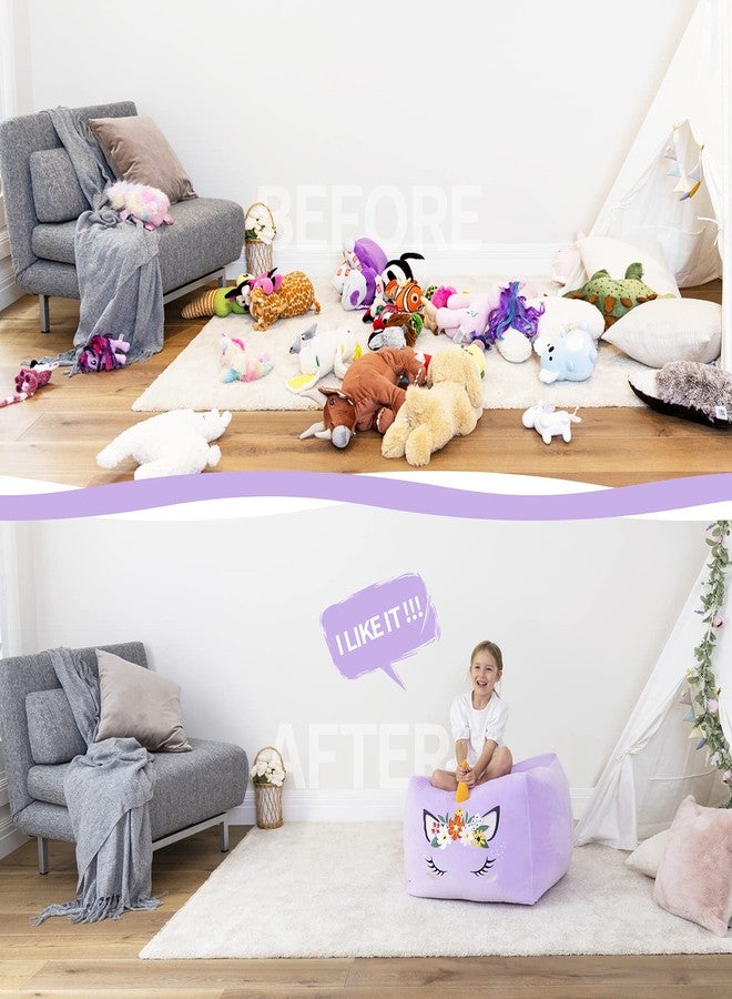 Aubliss Unicorn Stuffed Animal Storage Bean Bag Chair for Kids, Velvet Extra Soft Beanbag Chairs Cover, X-Large Stuffable Zipper Bean Bag for Organizing Plush Toys Girls Bedroom Decor, Purple Floral - Image 2