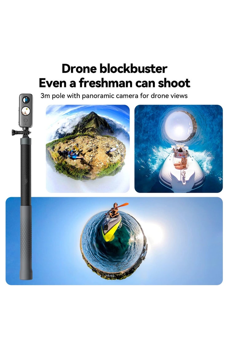 Selfie Stick Carbon Fibre, 3m/9.8FT Long Carbon Fiber Selfie Stick, Extension Invisible Selfie Stick, for GoPro Hero Max 11 10 9 8 Insta360 X3,ONE X2,ONE R,ONE X DJI Action 3 Series