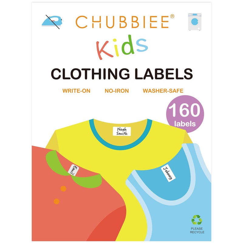 CHUBBIEE All Purpose No-Iron Kids Clothing Labels, Self-Stick Write-On Fabric Labels for Camp, School, Daycare, Nursing Care, Toys, Organizing, Washer & Dryer Safe, Pack of 160 - Image 1