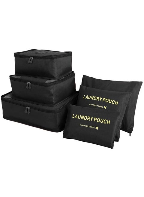 6-Piece Travel Luggage Storage Bag Set - 3 Travel Storage Bags + 3 Small Clothing Organizers (Black)