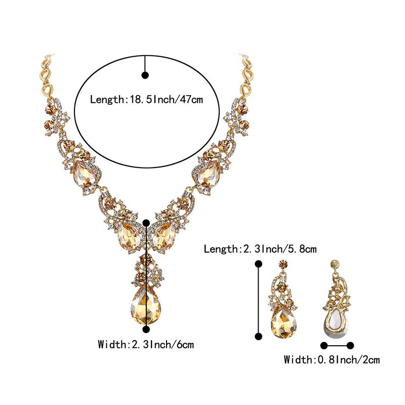 BriLove Wedding Bridal Jewelry Set for Women Multi Teardrop Cluster Crystal Statement Necklace Dangle Earrings for Party Accessories for Party Accessories Champagne Gold-Toned - Image 4
