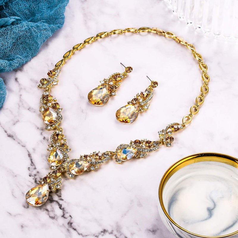 BriLove Wedding Bridal Jewelry Set for Women Multi Teardrop Cluster Crystal Statement Necklace Dangle Earrings for Party Accessories for Party Accessories Champagne Gold-Toned - Image 3