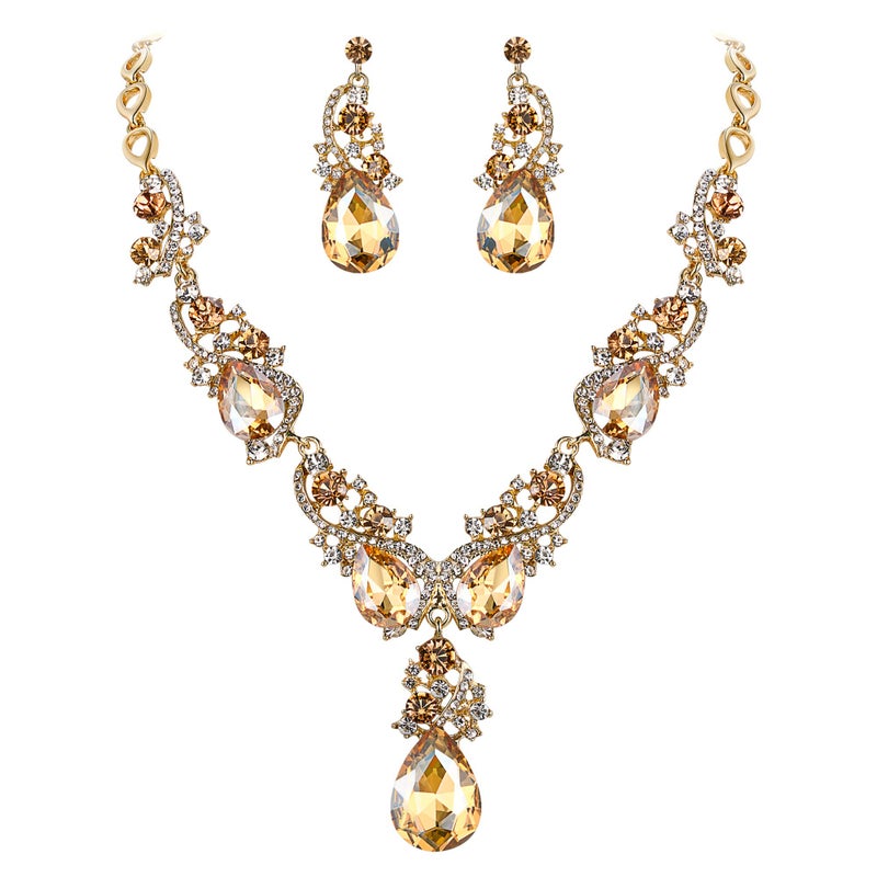 BriLove Wedding Bridal Jewelry Set for Women Multi Teardrop Cluster Crystal Statement Necklace Dangle Earrings for Party Accessories for Party Accessories Champagne Gold-Toned - Image 1