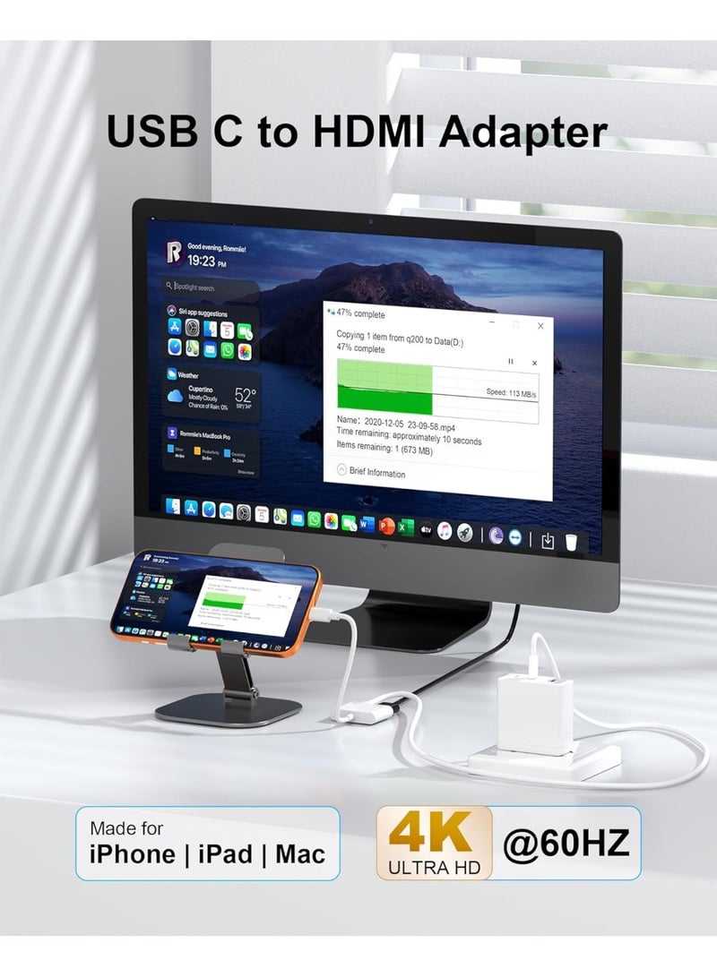 USB C to HDMI Adapter for TV, USBC to HDMI Adapter 4K@60Hz with 100W PD Fast Charging, Type C to HDMI Adapter for iPhone 16/15, iPad Pro, MacBook, Samsung to Monitor, HDTV, Projector - Image 2