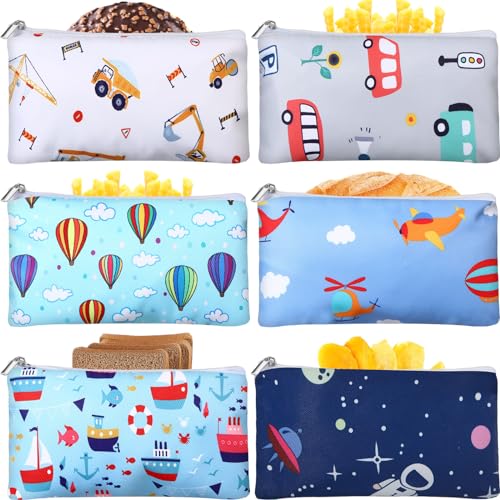 Chumia 6 Pack Reusable Snack Bags for Kids, Washable Sandwich & Food Storage Pouches, Dual-layer Silicone Lined Lunch Bags with Zipper for School & Travel(Lovely,6.9 x 3.7 Inches) - Image 1