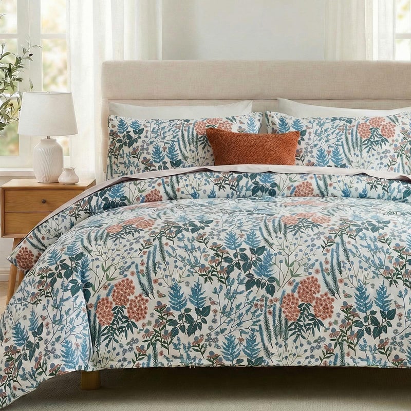 Cozaline Cozeline 100% Cotton Duvet Cover King Size, Blue and Red Floral Bedding Set with Zipper Closure, 3 Pcs Breathable and Soft Botanical Duvet Cover for All Season - Image 1