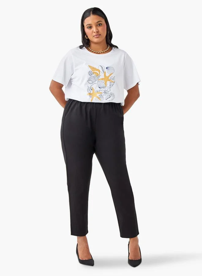 Ulla Popken Plus Size Ulla Popken Seashell Print Round Neck T-shirt with Short Sleeves