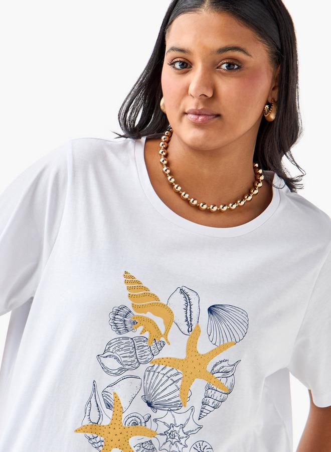  أولا بوبكن تيشيرت بياقة مستديرة وأكمام قصيرة بطبعة صدف بحجم كبير من أولا بوبكن - Image 4