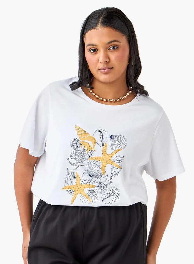 Ulla Popken Plus Size Ulla Popken Seashell Print Round Neck T-shirt with Short Sleeves