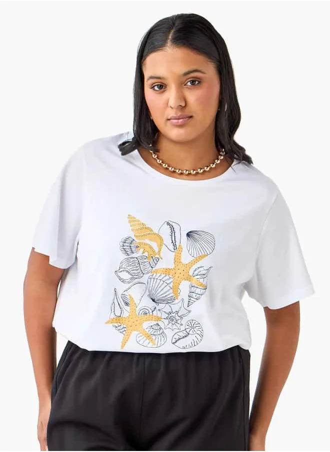 Ulla Popken Plus Size Ulla Popken Seashell Print Round Neck T-shirt with Short Sleeves