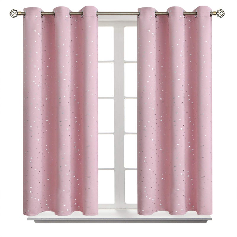 BGment Kids Blackout Curtains for Bedroom - Grommet Thermal Insulated Silver Star Print Room Darkening Curtains for Kids Room  Set of 2 Panels  42 x 45 Inch  Baby Pink - Image 1