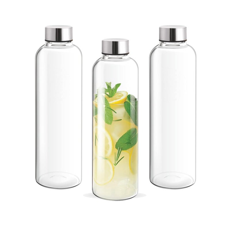 Treo by Milton Clarion Borosilicate Glass Fridge Water Bottle Set of 3 with Leak-Proof Airtight Stainless Steel Lid, 750 ml, Transparent for Hotel, Travel, Office, Home - Image 1