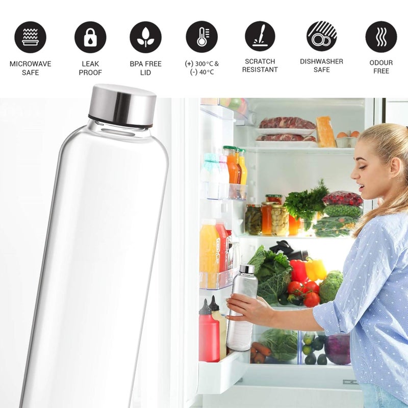 Treo by Milton Clarion Borosilicate Glass Fridge Water Bottle Set of 3 with Leak-Proof Airtight Stainless Steel Lid, 750 ml, Transparent for Hotel, Travel, Office, Home - Image 3