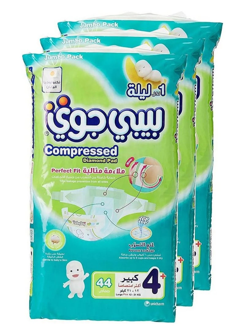 BabyJoy Compressed Diamond Pad Diapers Pack of 3 Large Plus Size 4+ - 132 Pieces (44's x 3)