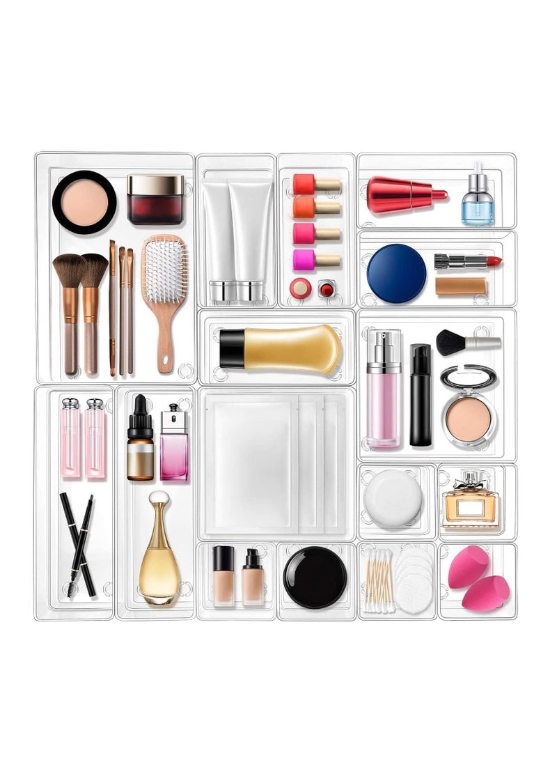 دوبكارت 16 قطعة من منظمات أدراج المكتب، مجموعة صناديق تخزين بلاستيكية شفافة، فواصل درج الحمام، منظم صواني الغرور لغرفة النوم، خزانة أدوات المطبخ والمكتب - Image 4