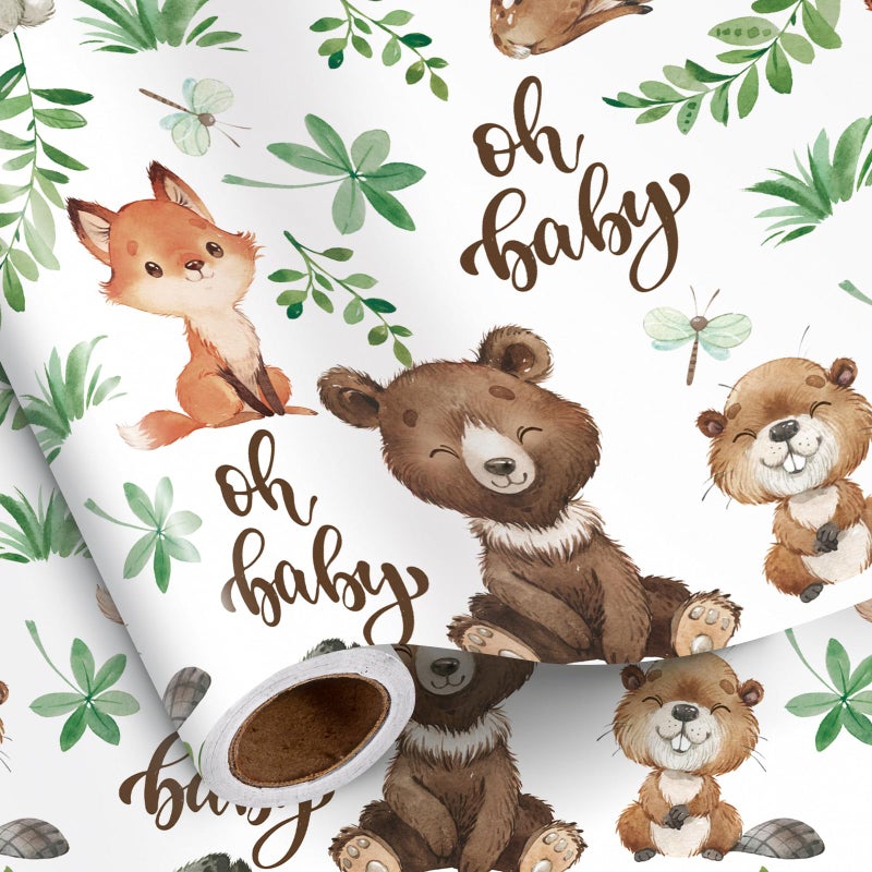 RUSPEPA Jungle Animal Wrapping Paper Roll for Boys Girls Mini Roll Woodland Animals with Bear Fox Deer Bunny Design Forest Gift Wrap Perfect for Baby Shower Kids Birthday 17 Inches x 164 Feet - Image 2