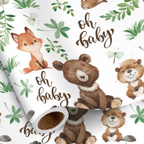 RUSPEPA Jungle Animal Wrapping Paper Roll for Boys Girls Mini Roll Woodland Animals with Bear Fox Deer Bunny Design Forest Gift Wrap Perfect for Baby Shower Kids Birthday 17 Inches x 164 Feet - Image 1