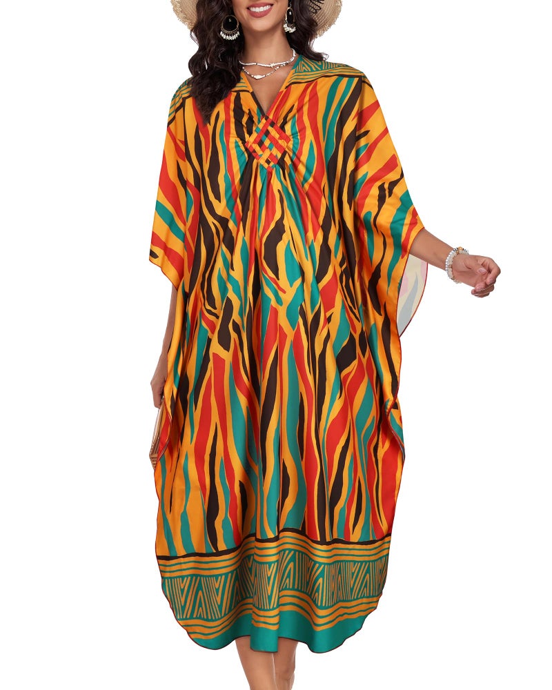 JILUVIN Kaftan Dresses for Women Plus Size V Neck Caftans Long Batwing Sleeve Beach Cover Ups Summer Floral Print Dress 2026 (Green Red Stripes,One Size) - Image 4
