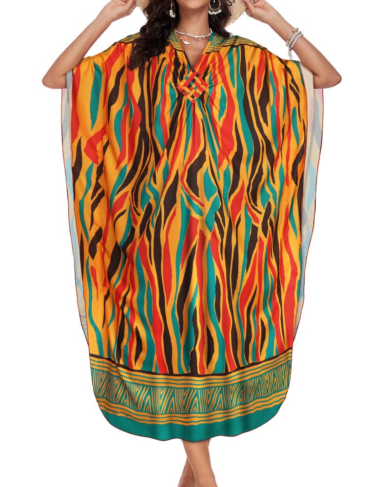 JILUVIN Kaftan Dresses for Women Plus Size V Neck Caftans Long Batwing Sleeve Beach Cover Ups Summer Floral Print Dress 2026 (Green Red Stripes,One Size) - Image 5