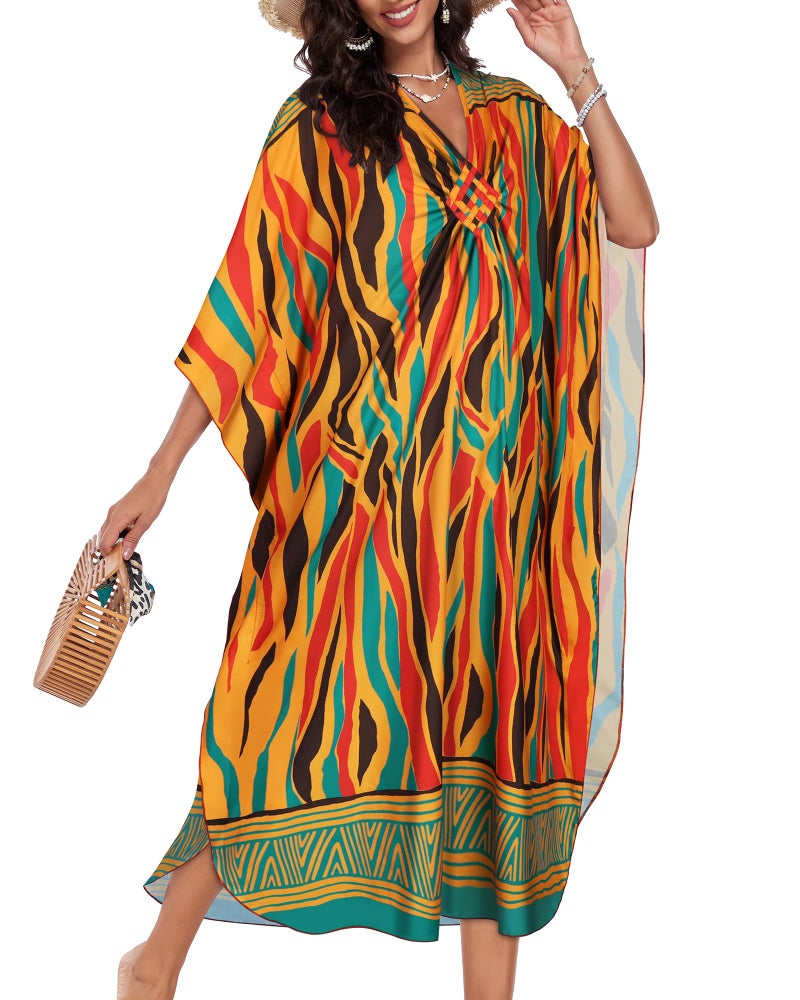 JILUVIN Kaftan Dresses for Women Plus Size V Neck Caftans Long Batwing Sleeve Beach Cover Ups Summer Floral Print Dress 2026 (Green Red Stripes,One Size) - Image 2