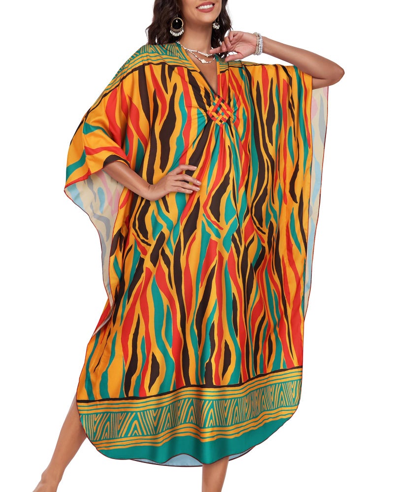 JILUVIN Kaftan Dresses for Women Plus Size V Neck Caftans Long Batwing Sleeve Beach Cover Ups Summer Floral Print Dress 2026 (Green Red Stripes,One Size) - Image 3