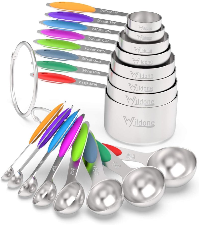 Measuring Cups  Spoons Set of 16 Wildone Premium Stainless Steel Measuring Cups and Measuring Spoons with Colored Silicone Handle Including 8 Nesting Cups 8 Spoons for Dry and Liquid Ingredient