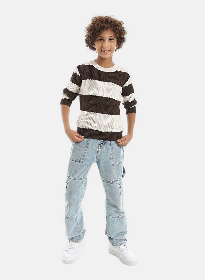 Andora Beige & Brown Strapped Round Collar Pullover_Beige & Brown - Image 5