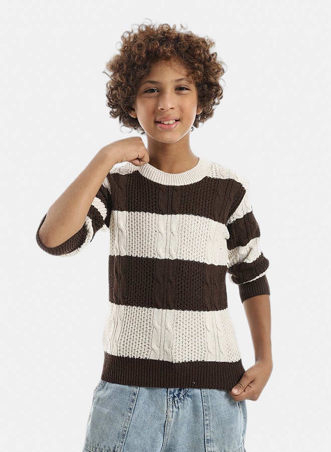 Andora Beige & Brown Strapped Round Collar Pullover_Beige & Brown - Image 1