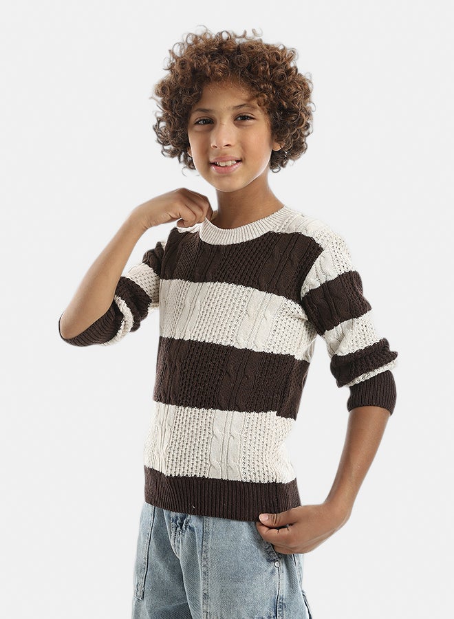 Andora Beige & Brown Strapped Round Collar Pullover_Beige & Brown - Image 2