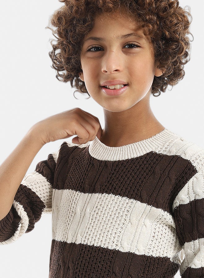 Andora Beige & Brown Strapped Round Collar Pullover_Beige & Brown - Image 4