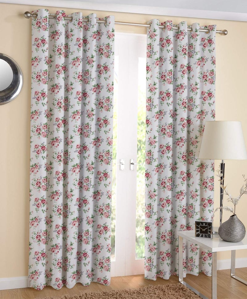 Airwill Cotton Small Pink Rose Floral Designed Long Door Curtains Eyelet Model Pink 4ft Width and 9ft Length Pack of 2 pcs