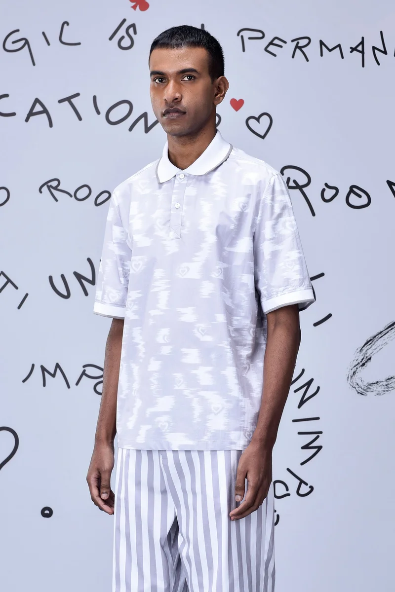 Genes Lecoanet Hemant Ikkat Print Polo- Pearl Grey