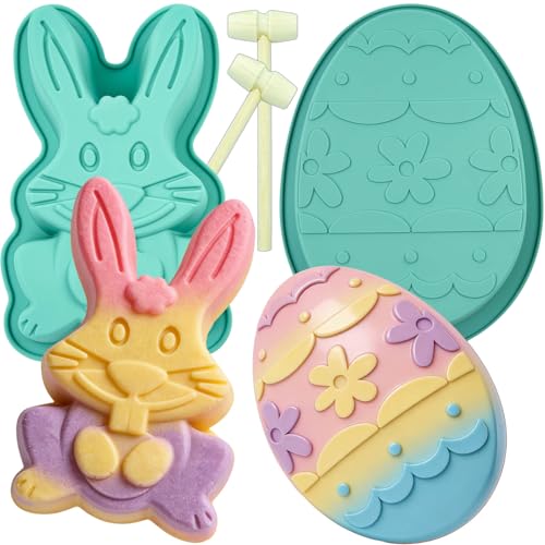 Wavlakth Easter Bunny Mold Egg Cake Pans, 2 Pack Giant Bunny Cake Pan Rabbit Cake Mold Silicone Cute Egg Mold Jumbo Bunny Breakable Chocolate Mold with 2 Wooden Hammers for Baking Easter Day Party Cake Dessert - Image 1