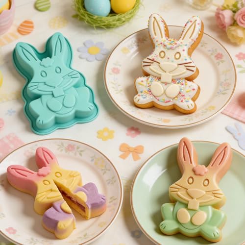 Wavlakth Easter Bunny Mold Egg Cake Pans, 2 Pack Giant Bunny Cake Pan Rabbit Cake Mold Silicone Cute Egg Mold Jumbo Bunny Breakable Chocolate Mold with 2 Wooden Hammers for Baking Easter Day Party Cake Dessert - Image 3