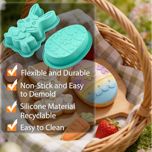 Wavlakth Easter Bunny Mold Egg Cake Pans, 2 Pack Giant Bunny Cake Pan Rabbit Cake Mold Silicone Cute Egg Mold Jumbo Bunny Breakable Chocolate Mold with 2 Wooden Hammers for Baking Easter Day Party Cake Dessert - Image 4