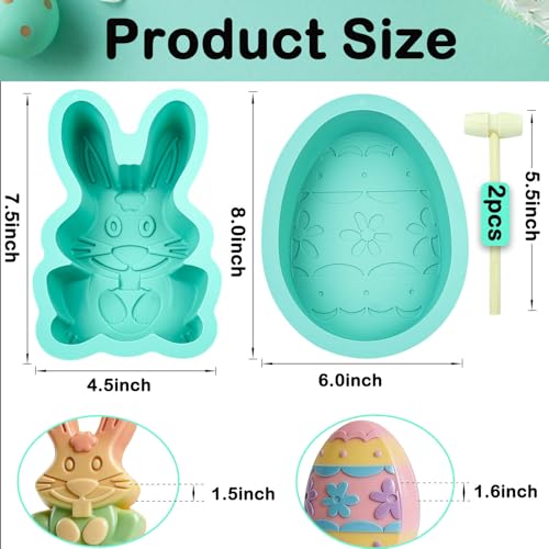 Wavlakth Easter Bunny Mold Egg Cake Pans, 2 Pack Giant Bunny Cake Pan Rabbit Cake Mold Silicone Cute Egg Mold Jumbo Bunny Breakable Chocolate Mold with 2 Wooden Hammers for Baking Easter Day Party Cake Dessert - Image 2