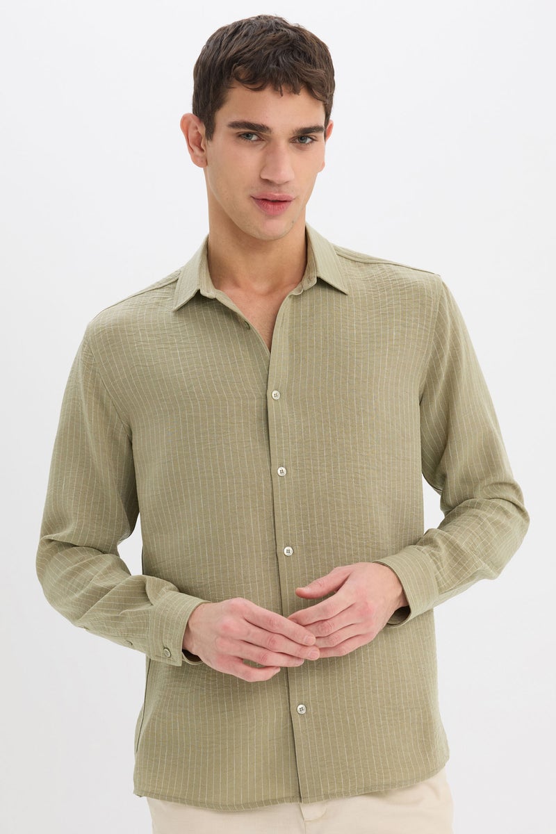 DeFacto Green Man Regular Fit Italian Neck Long Sleeve Shirt Casual - Image 1
